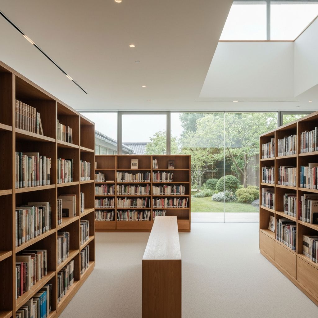 Biblioteca moderna y serena con iluminación natural